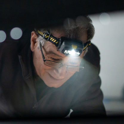 Person wearing a headlamp in a dark setting